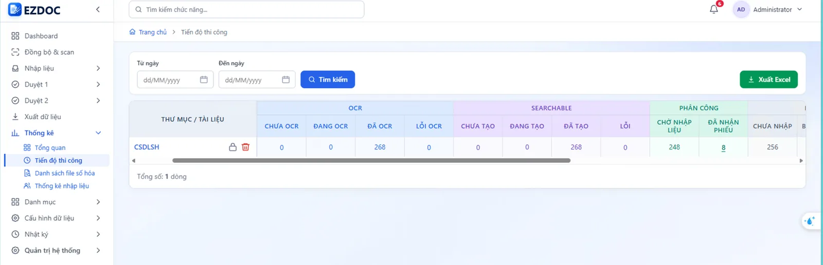 Màn hình tiến độ thi công theo nhóm OCR, Searchable PDF và Phân công